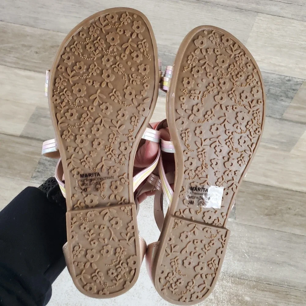 Jellypop Marita Kids Flat Sandals Sz 2 M Pastel Multi Leather Back Zip Open Toe